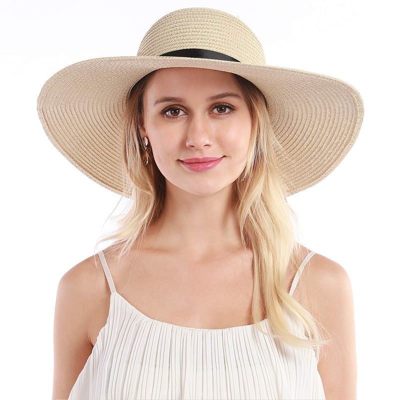 Double Couple Womens Straw Hat Wide Brim Floppy Beach Sun Hat for Women UPF 50+ Adjustable Strap Vacation - Image 4